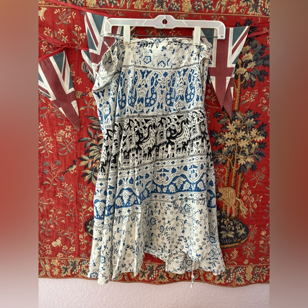 Classic 1970s Boho Surfer Wrap Skirt Indian Block Print Vintage Beach Culture - Picture 3 of 5